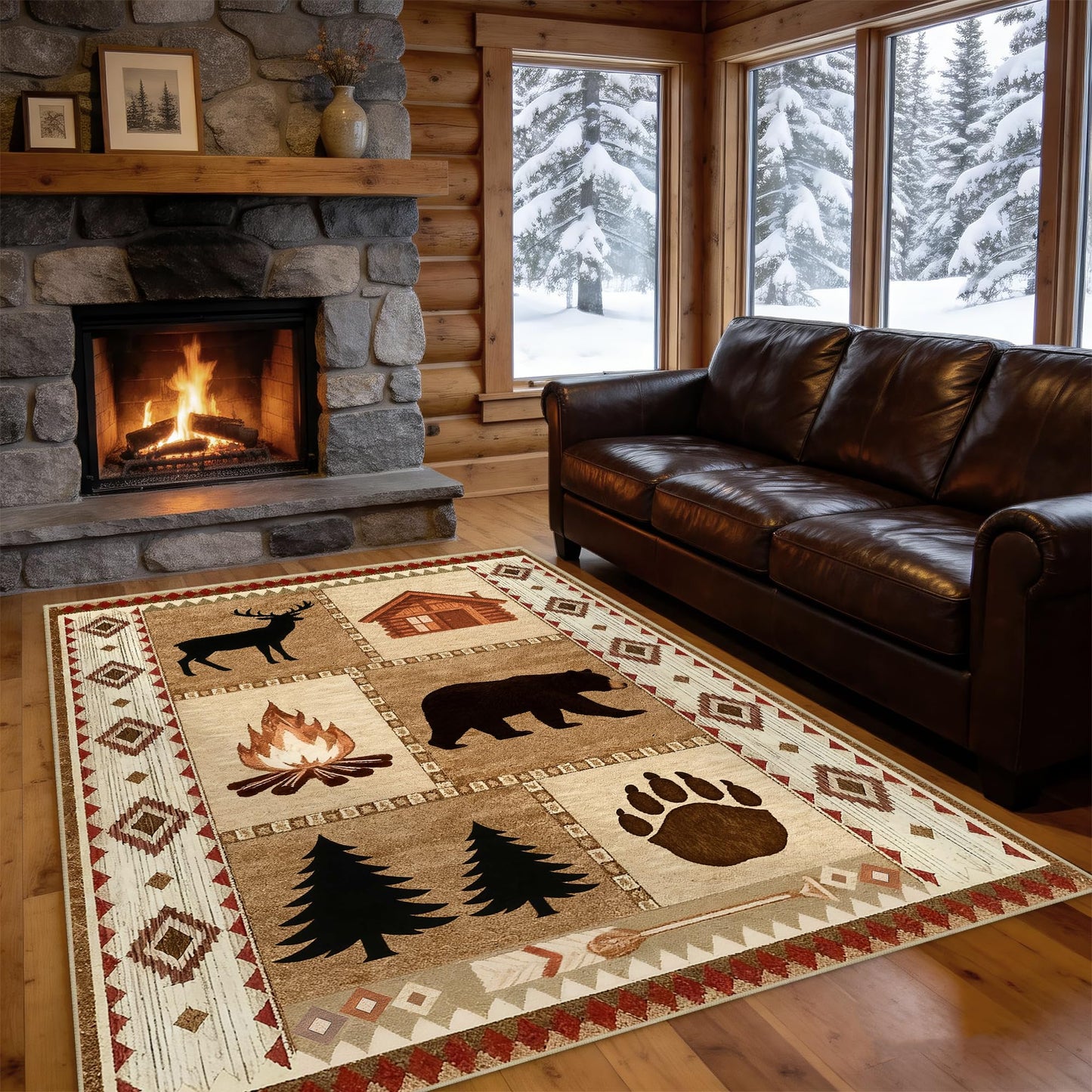 Area Rug 5x7 Rustic Cabin Bear Deer Rug Lodge Country Farmhouse Wildlife Rugs for Living Room Southwesten Machine Washable Non-Slip Printed Low-Pile Indoor Carpet for Bedroom Dining Room Office