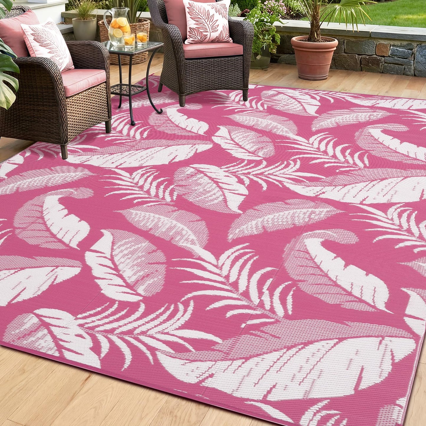 OPPODREAM Reversible Outdoor Rug 5x7, Waterproof Outdoor Plastic Straw Rug for Patio, Tropical Leaf RV Camping Rugs for Outside, Deck, Balcony, Porch, Backyard, Camping, Rv, Pink and White