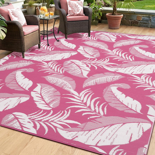 OPPODREAM Reversible Outdoor Rug 5x7, Waterproof Outdoor Plastic Straw Rug for Patio, Tropical Leaf RV Camping Rugs for Outside, Deck, Balcony, Porch, Backyard, Camping, Rv, Pink and White