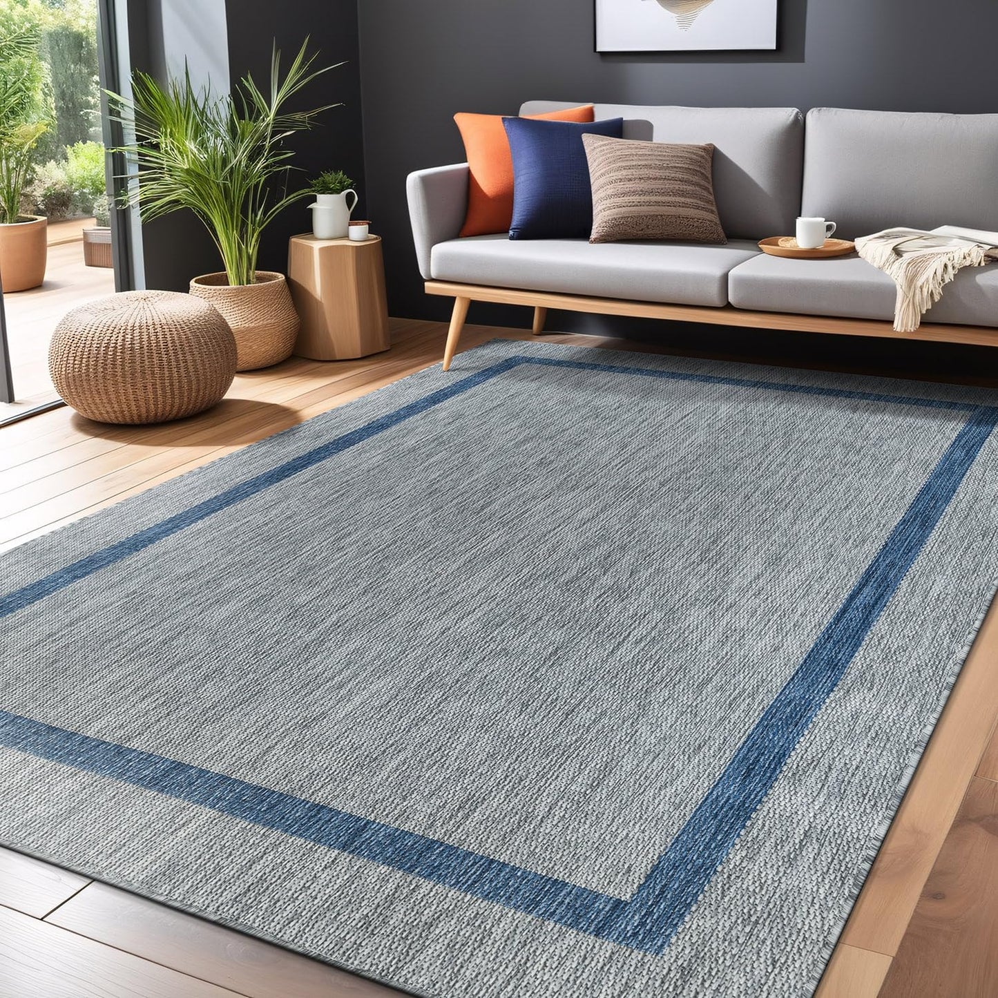 Luul Home Bordered Outdoor Rug 8x10 Washable Outside Carpet for Indoor Patio Porch Waterproof Easy Cleaning Non Shedding Area Rugs Silver Gray - Blue 8 x 10