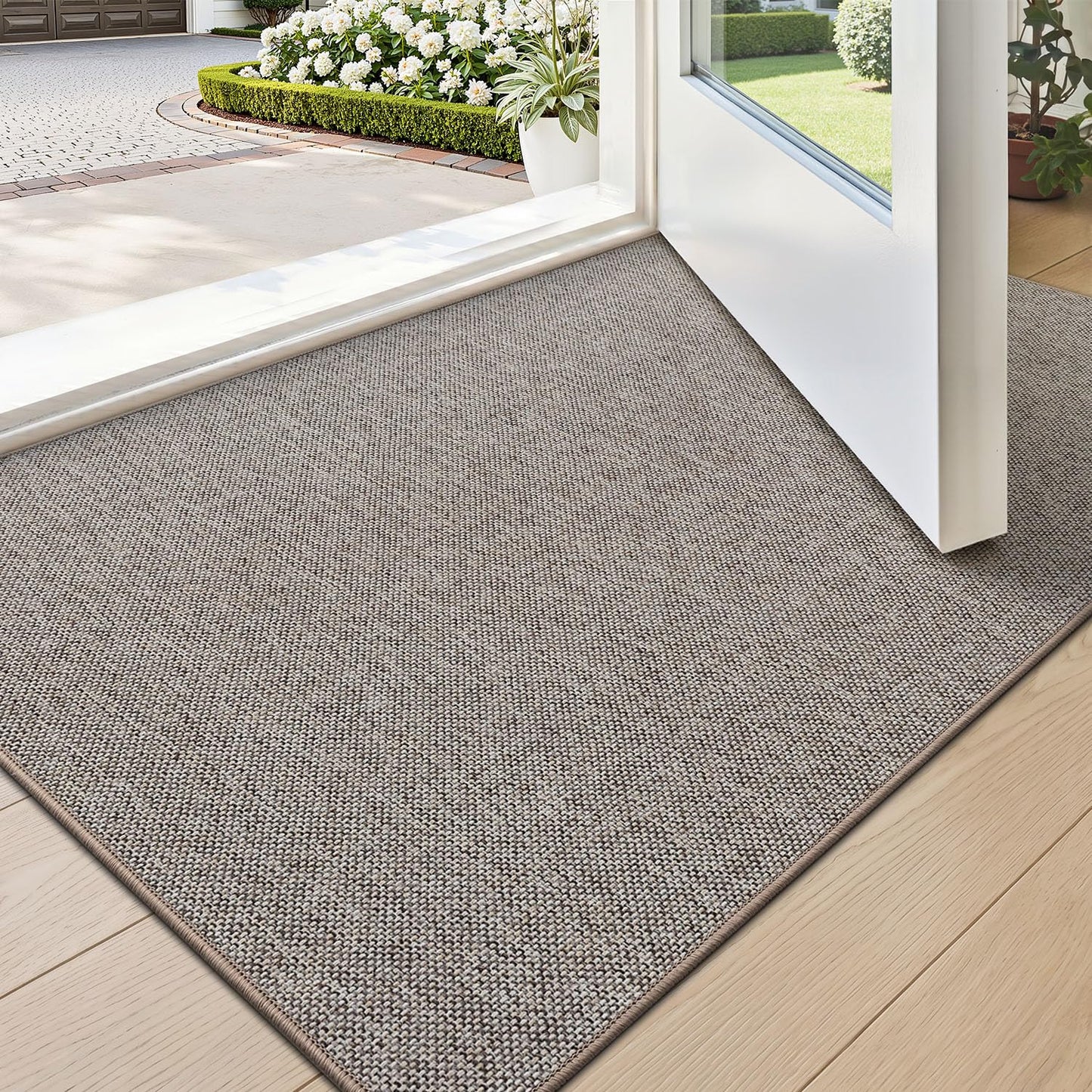 LUMI Ultra Thin Door Mat for Entryway, 24"x36" Low Profile Non Slip Rubber Backing Indoor Doormat, Easy Clean Welcome Entrance Mat for Inside House, Patio, Khaki