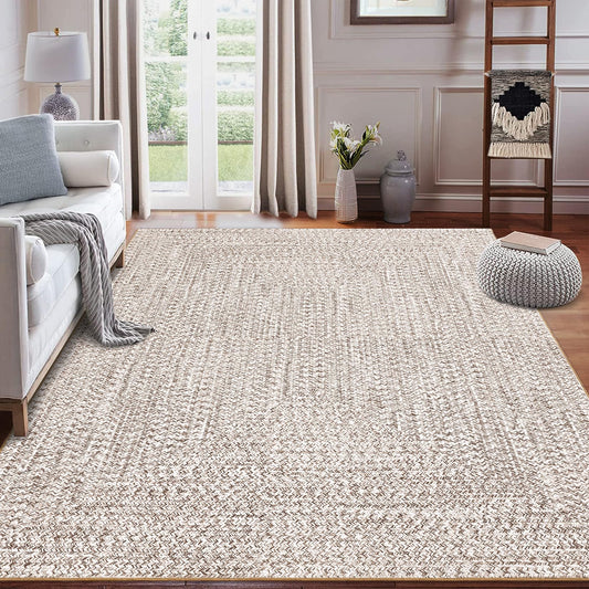 ROYHOME 9x12 Area Rug Large Machine Washable Rug for Living Room Print Braided Accent Rug Stain Resistant Non-Slip Carpet Farmhouse Solid Printed Textured Floor Cover for Home Decor, Beige/Grey
