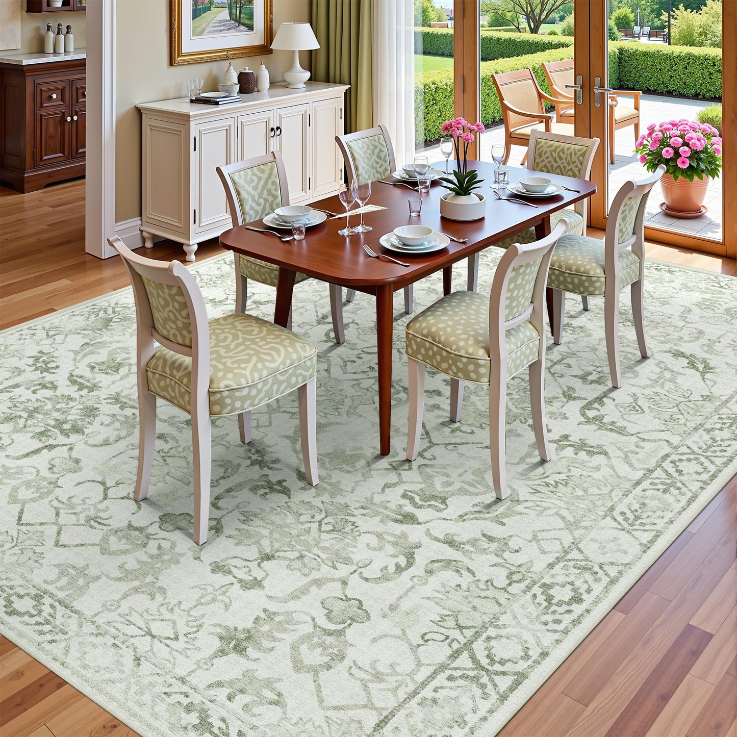 Deerly Sage Rugs 8x10 for Living Room Soft Non-Slip, Large Vintage Area Rug Retro Tribal Farmhouse Stain Resistant Carpet for Bedroom Dining Room Office Guest Room