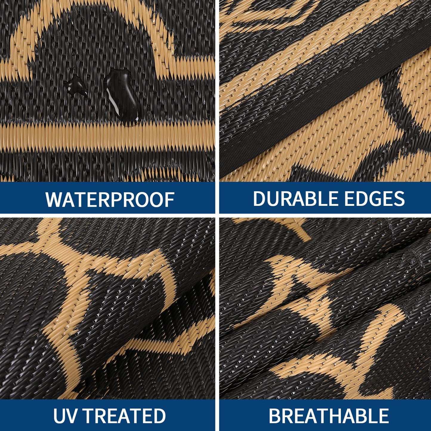 GarveeHome Outdoor Rug 9x12 Waterproof Rug for Patio Clearance Large Plastic Straw Mat Camping Carpet Reversible Plastic Outdoor Rug for RV, Patio, Backyard, Deck, Picnic, Beach, Trailer, Brown/Black