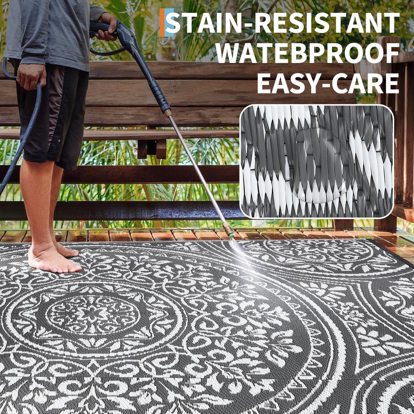GarveeHome Large Waterproof Outdoor Rug 9x18 Reversible Floral Plastic Straw Rug, Durable UV Resistant Outdoor Carpet, Portable RV Camper Picnic Mat with Stakes & Carry Bag for Yard Poolside, Grey