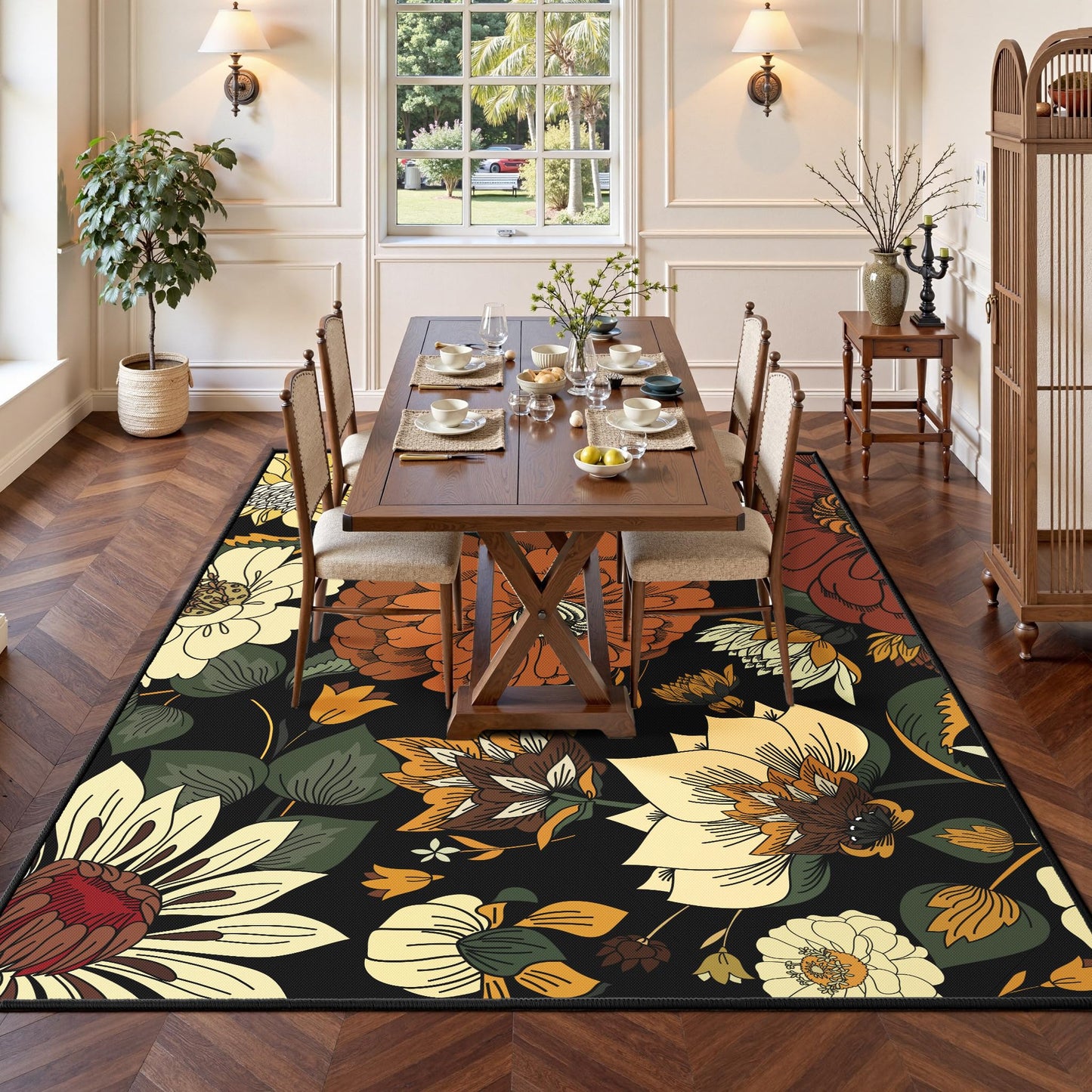 Tyrot Black Boho Floral Living Room Rug, Ultra Thin Flat Woven 5x7 Rug Washable Botanical Area Rugs Non Slip Low Pile Mid Century Modern Carpet for Bedroom, Dining Room, Office