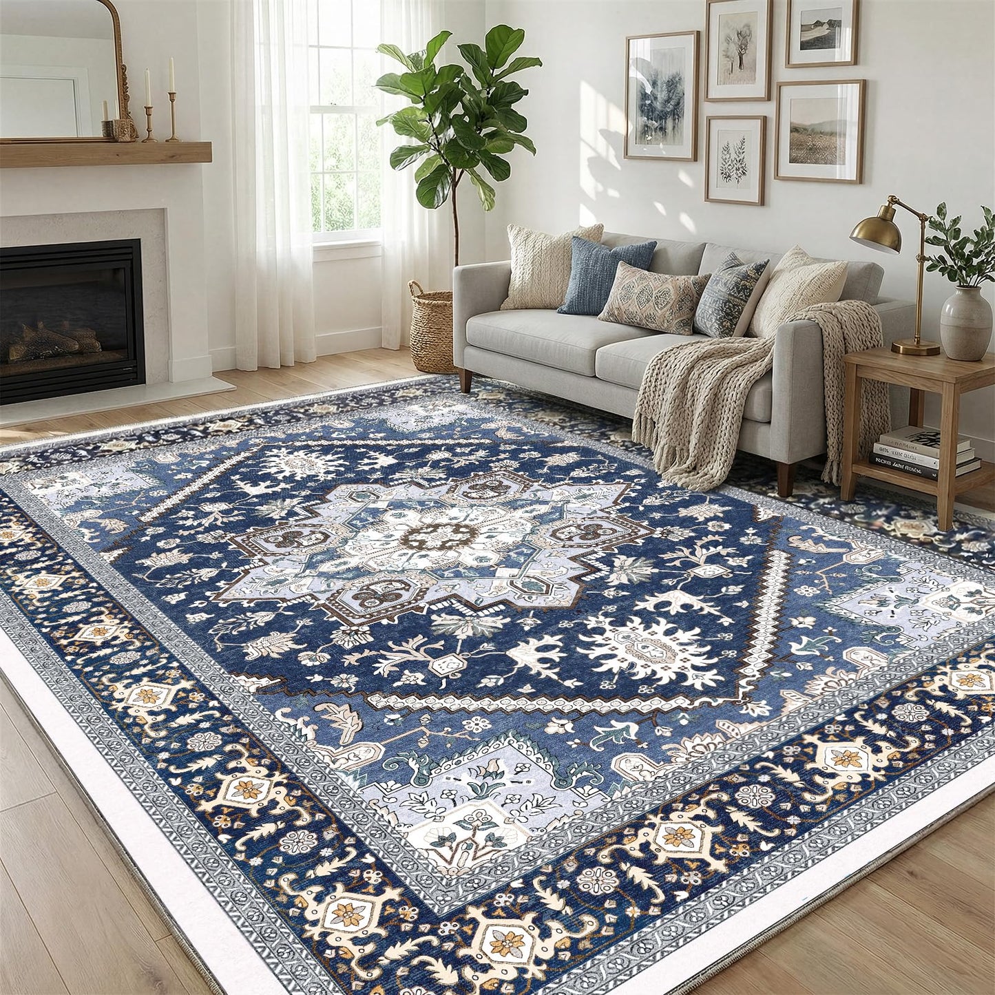 OPPODREAM Soft Area Rugs 9x12 Living Room, Washable Rugs 9x12 with Non Slip Backing, Faux Cashmere Low-Pile 9 x 12 Carpet, Navy Blue & Gold