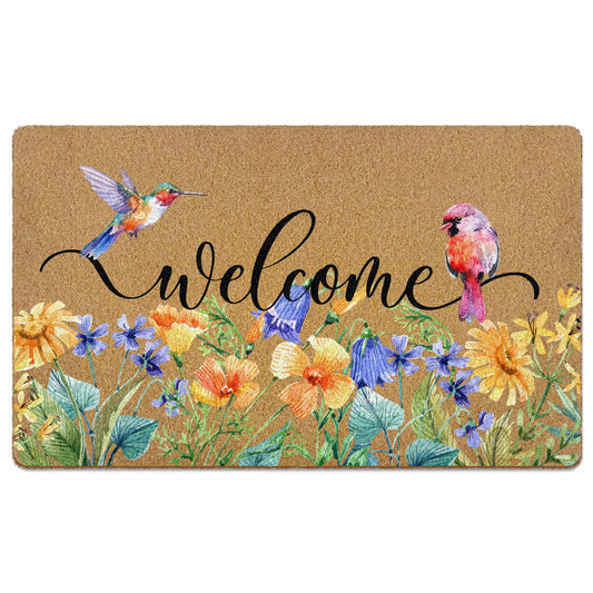 XINCEYWJ Colorful Floral Bird Welcome Door Mat, Spring Summer Bird Coir Doormat, Rustic Botanical Welcome Front Door Mat Indoor Outdoor Entrance for Home Outside Front, 17x30 in