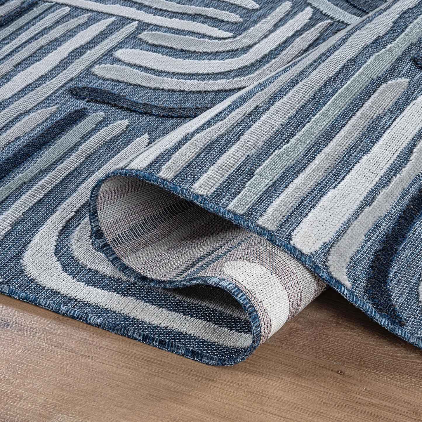 CAMILSON Indoor Outdoor Rug, Navy Blue 8x10 Geometric Arch Striped Area Rugs for Patio and Home Areas, Easy-Cleaning Non-Shedding Living Room, Garden and Deck Washable Outside Carpet (8 x 10)