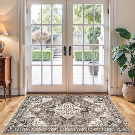 RUUGME Washable 3x4 Entryway Rug - Vintage Low Pile Area Rugs Non-Slip Stain Resistant Carpet for Entrance Kitchen Hallway Soft Thin Indoor Floor Decor Mat for Bedroom Front Door Bathroom(Beige,3x4)