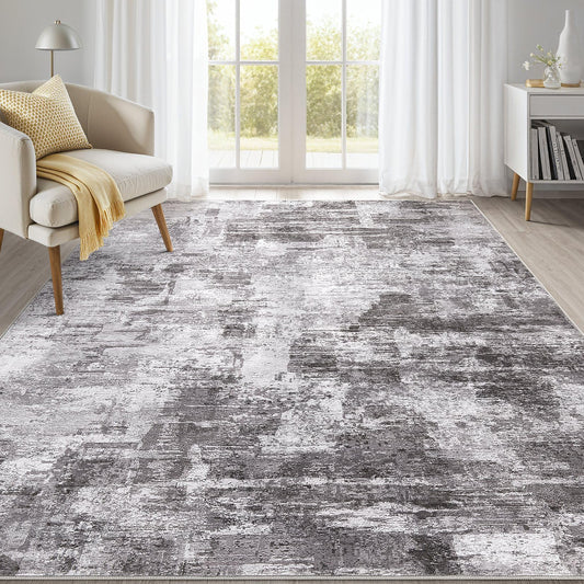 kakania 5x7 Washable Area Rug - Abstract Soft Non-Slip Modern Low-Pile Carpet for Living Room Bedroom Office Dorm, Kid Pet Safe Robot Vacuum Friendly - Grey