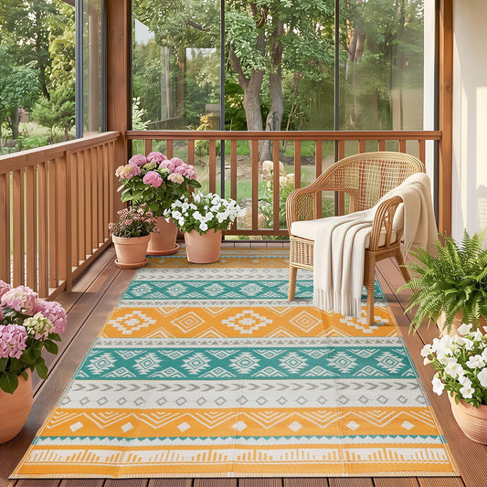 Outdoor Rug 5x8 ft Waterproof Reversible Plastic Straw Patio Camping Rug, Portable Indoor Outdoor RV Mat Carpet for Deck, Camper, Porch, Balcony, Backyard, Picnic, Yellow