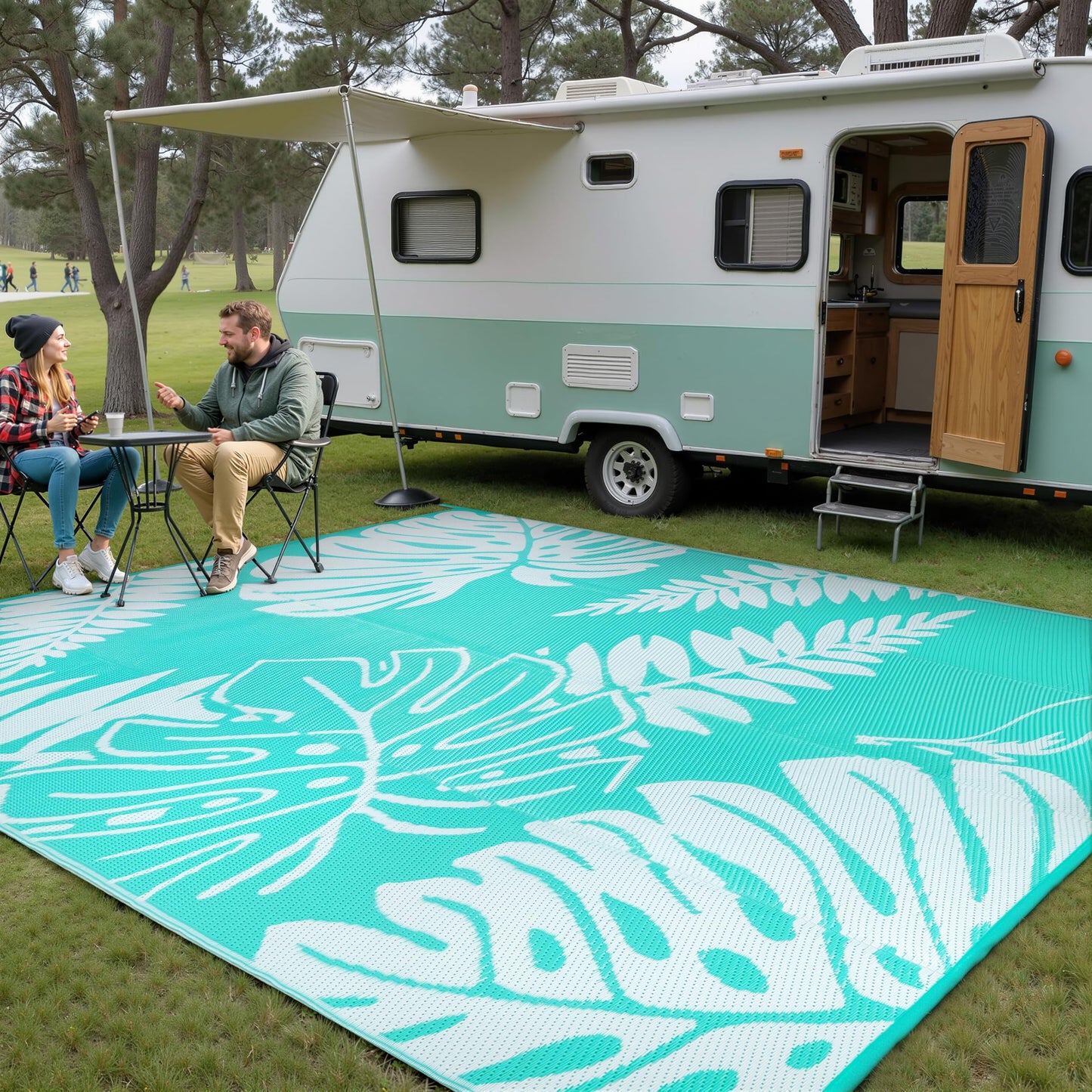PureCozy Outdoor Plastic Straw Rug Leaf Waterproof Teal Blue Outside Patio 6x9 Carpet Tropical Reversible Mat Washable Large for Camping RV Porch Deck Balcony Beach