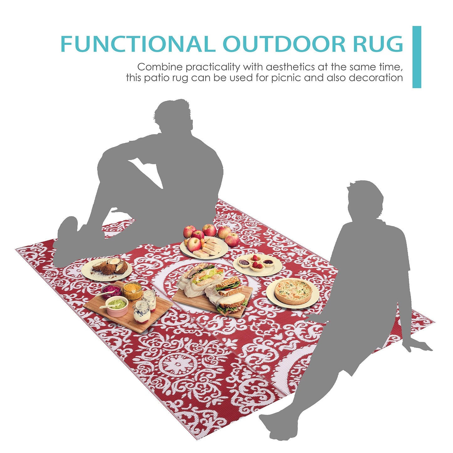 NUU GARDEN Outdoor Rug, Plastic Straw Foldable Area Rug Indoor Outdoor Carpet for Patio Decor Balcony Camping Picnic RV, 6 ft x 9 ft, Red and White