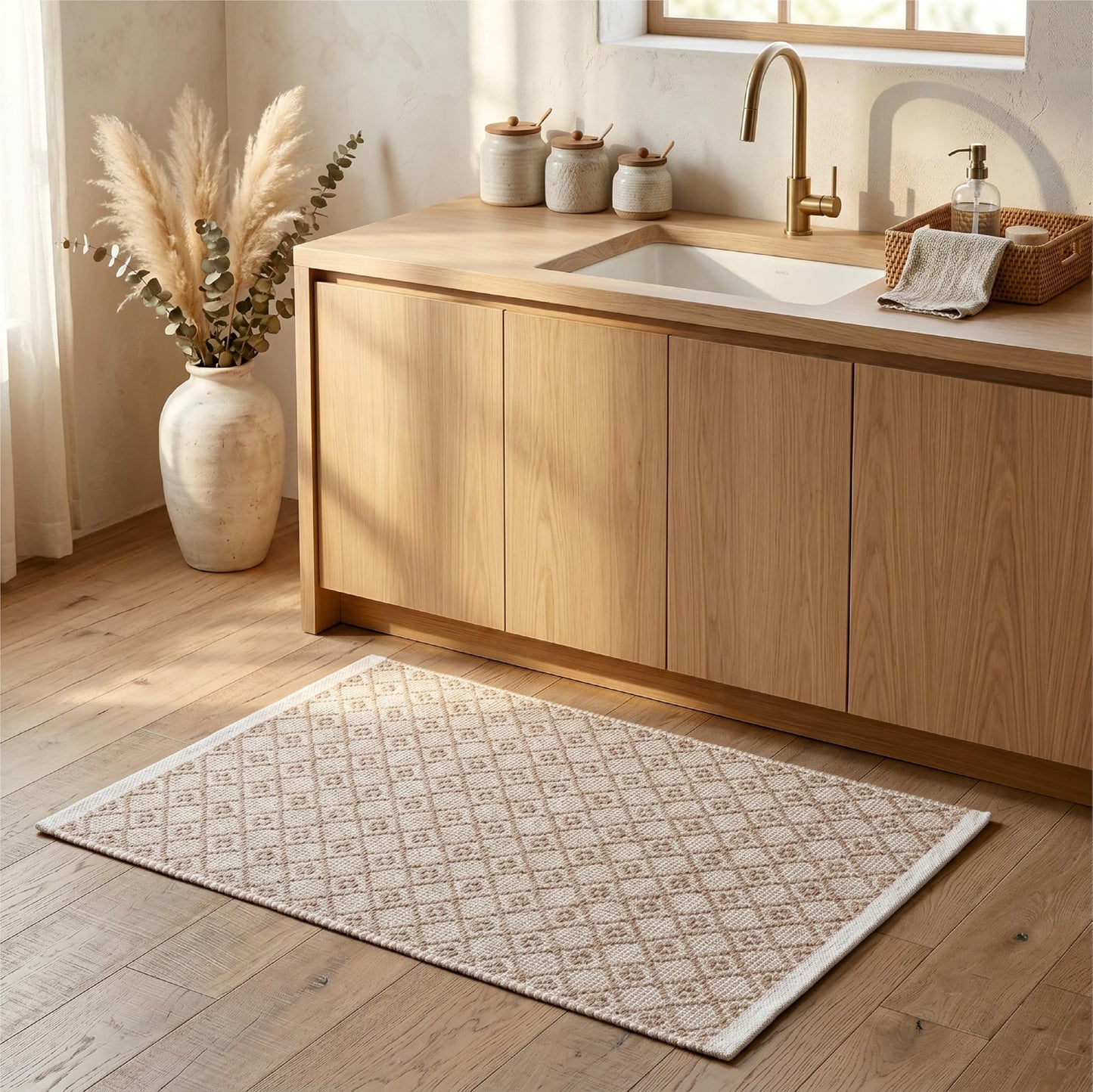Cotton Diamond Woven Area Rug 2x3 Feet - Beige, Anti Slip Decorative Durable Boho Front Door Throw Mats Ideal for Entryway, Kitchen, Office | Teal Farmhouse Indoor Daily Use Patio Rugs for Bedroom
