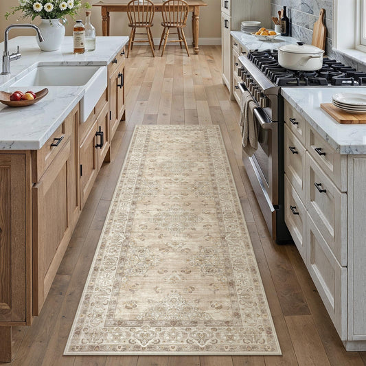 PureCozy 2x6 Beige Vintage Washable Non-Slip Runner Rug Floral Traditional Distress Print Runner Rug for Hallway Long Low Pile Soft Indoor Carpet for Kitchen Laundry Room Entryway Bedside