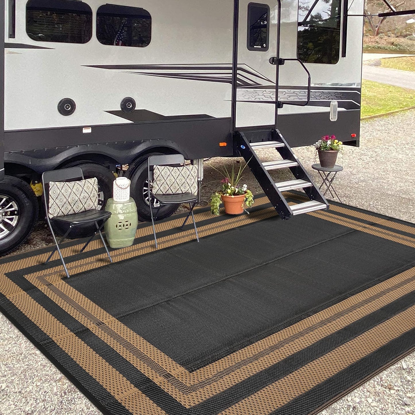 GAOMON 9x18 Plastic Straw Rug Outdoor Rugs for Patio Waterproof Reversible Mat Modern Bordered Camping Rug for Porch RV Backyard Pool Deck Picnic Beach Trailer Border-Black/Brown