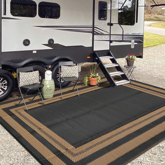 GAOMON 9x18 Plastic Straw Rug Outdoor Rugs for Patio Waterproof Reversible Mat Modern Bordered Camping Rug for Porch RV Backyard Pool Deck Picnic Beach Trailer Border-Black/Brown