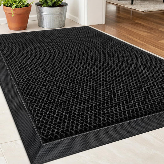 WELDUN Front Door Mat, Heavy Duty Non-Slip Rubber Dirt Trapper, Quick-Dry Low-Profile Washable Easy Clean, Welcome Mat for Indoor Outdoor Entryway Porch Patio Garage Mudroom 30"x17", Black