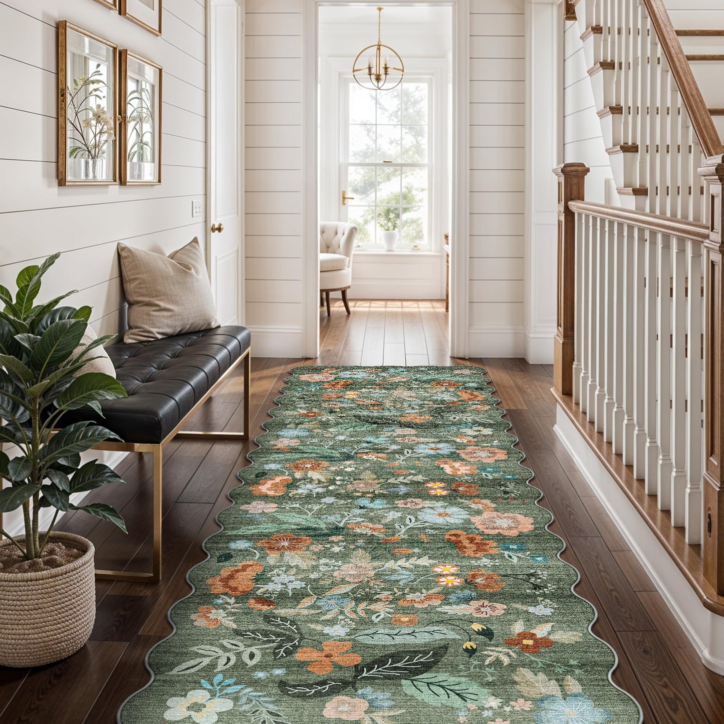 Washable 2x8 Hallway Runner Rug: Water-Resistant Kitchen Rug Soft Bedroom Carpet Non-Slip Indoor Hardwood Floor Mat for Entryway Bathroom Dining Room Boho Decorative Home Decor(2x8, Floral/Green)