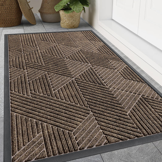 Smiry Front Door Mat Outside Entrance, Heavy Duty Sturdy Natural Rubber Doormat, Trap Dirt and Moisture, Easy Clean Low Profile Mats for Indoor Outdoor Entry, Irregular Triangle (71x34, Brown)