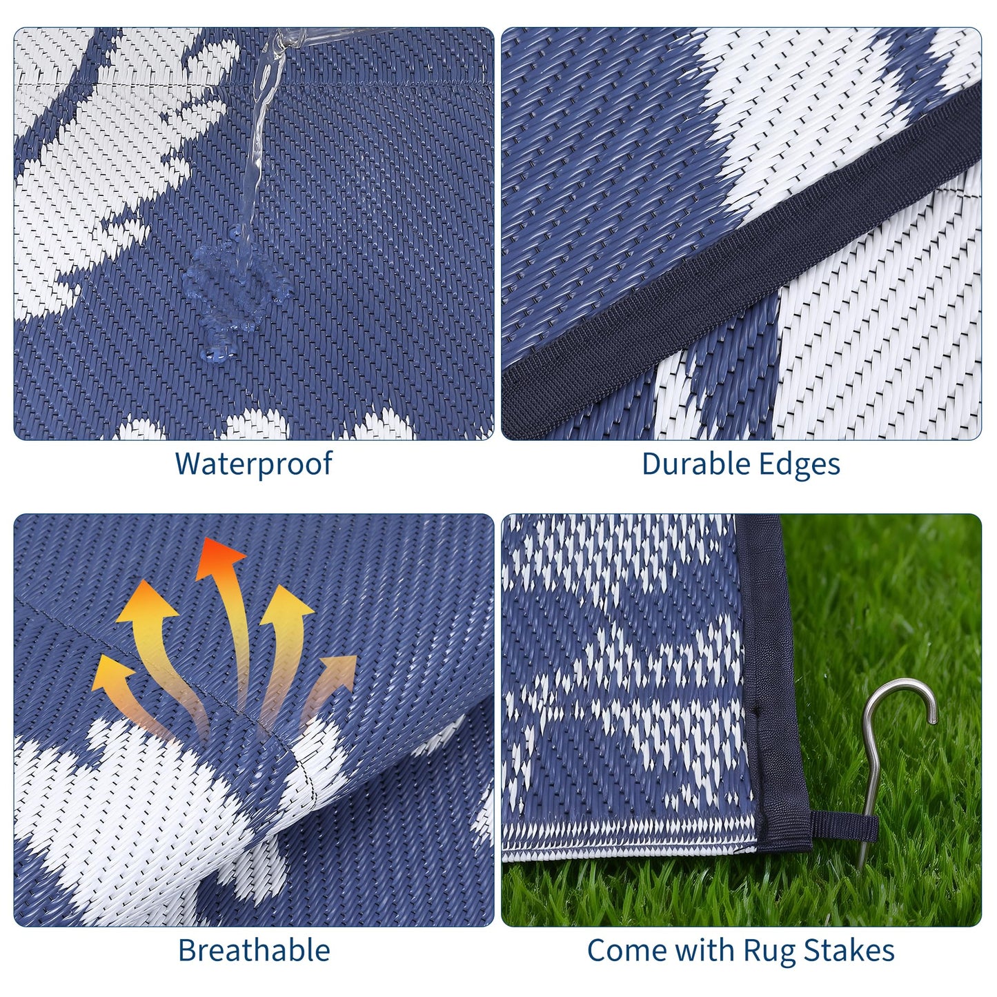 IDEALHOUSE Waterproof Outdoor Rug 8x10 for Patio, Reversible Modern Area Rug, Large Plastic Straw Mat for Camping, RV, Porch, Backyard, Deck, Picnic, Beach, Blue & White