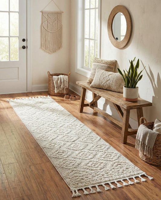 Rugs.com - Boho Rug – 8 Ft Runner Ivory Easy-Clean Stain-Resistant Rug – Textured Trellis Pattern with Fringe, Ideal for Hallways, Entryways, and High-Traffic Areas