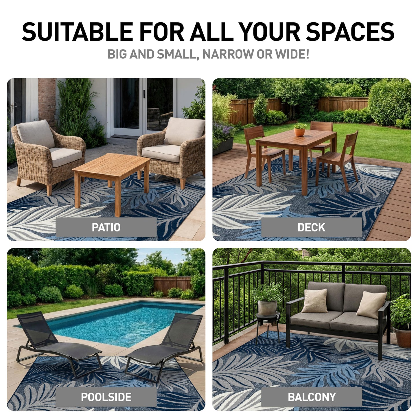Rugshop Indoor/Outdoor High-Low Textured Area Rug, Botanical, Easy-Clean Patio Rug for Porch Deck Balcony 6' 6" x 9' Navy