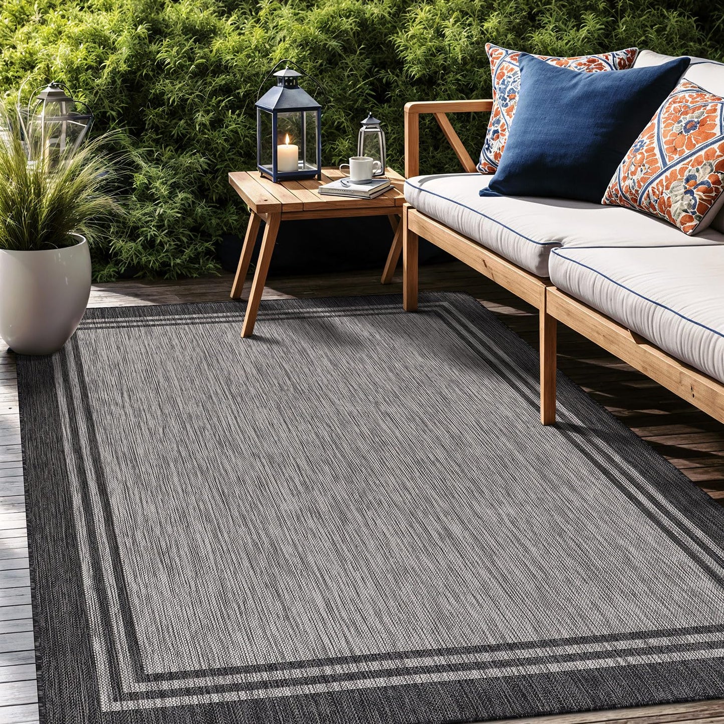Luul Home Bordered Outdoor Rug 9x12 Washable Outside Carpet for Indoor Patio Porch Waterproof Easy Cleaning Non Shedding Area Rugs Dark Gray 9 x 12
