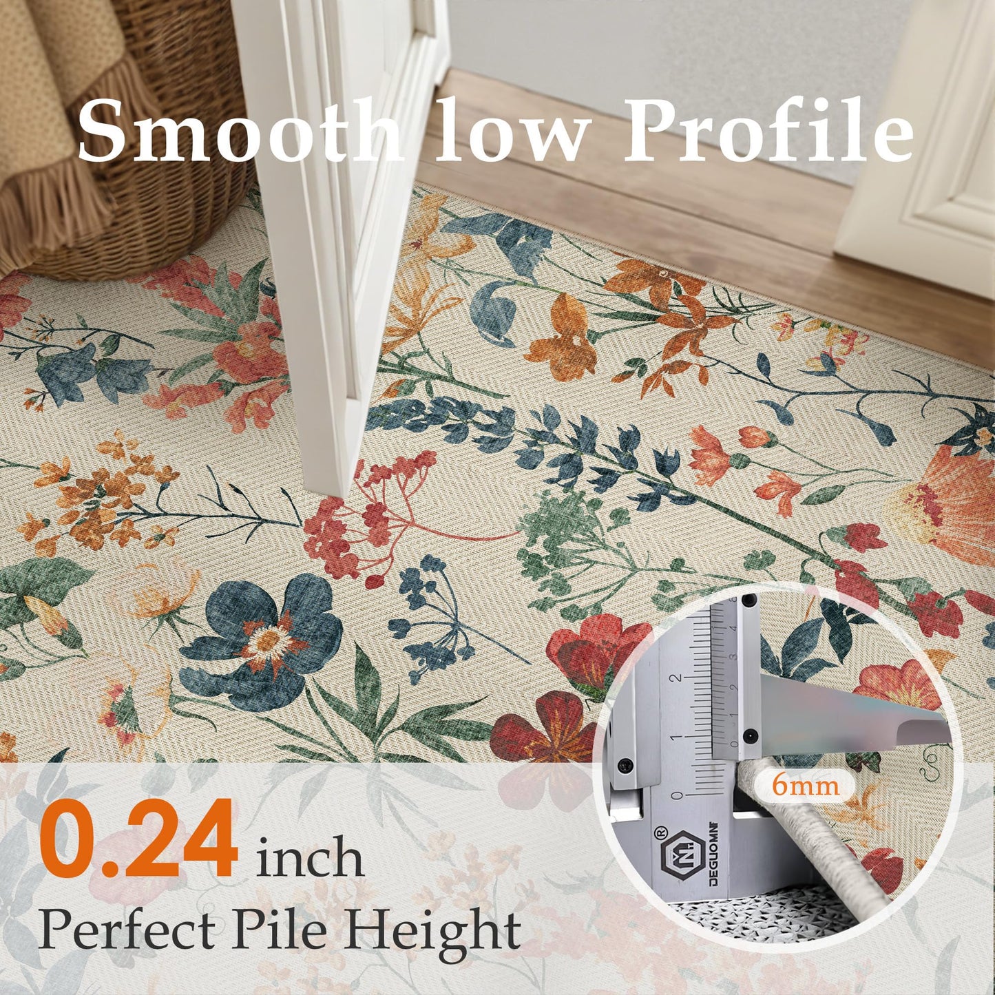 PureCozy Floral Easy Jute Rug 8x10 Living Room Bedroom Carpet Washable Large Non Slip Indoor Farmhouse Non Shedding Herringbone Rug for Dining Room Office