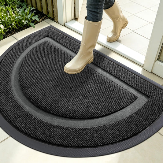 OLANLY Half Circle Door Mat Indoor Outdoor Entrance Welcome, Waterproof All-Season, All-Weather Doormat, Sturdy Natural Rubber, Low Profile, Easy Clean Patio Porch Entryway Mat, 35x23, Black