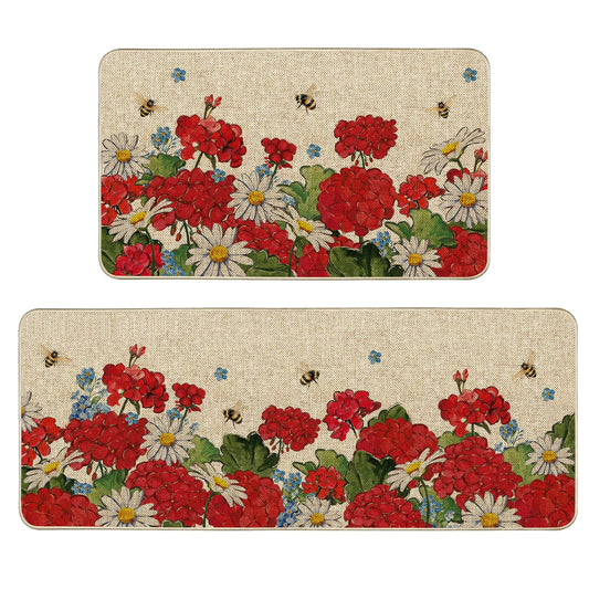 Tikeciti Spring Summer Red Geranium Kitchen Mats Set of 2, Bee and Flower Kitchen Rugs Seasonal Vibrant Daisy Holiday Floor Non-Slip Low Profile Mat Farmhouse Home Decor 17x29 and 17x47 Inch