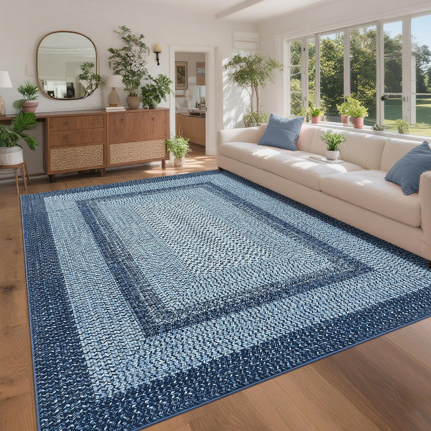 COZYLOOM 5x7 ft Area Rugs for Living Room Space, High Density Plush Carpet, Machine Washable and Non-Slip Polyester Rug, Easy Care Gabbin Weave Design(Grey Blue)
