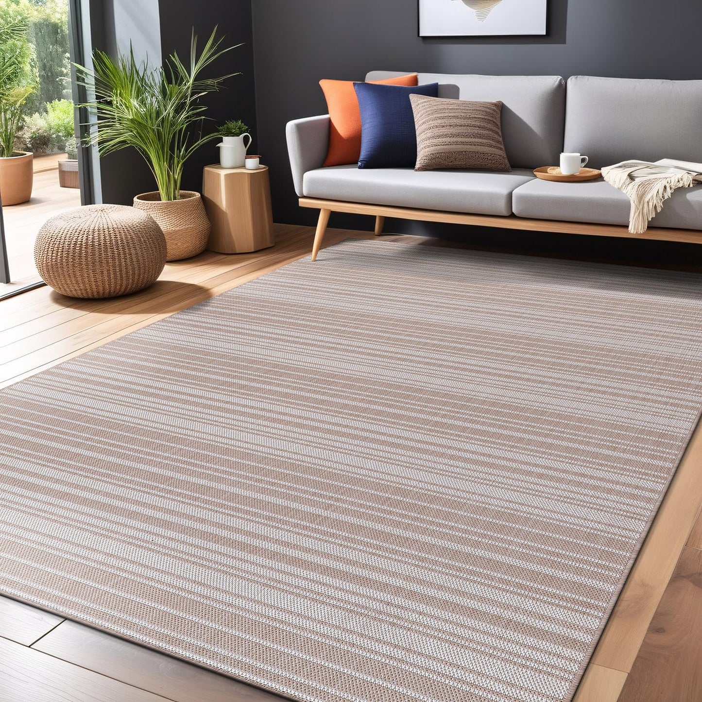 Luul Home Stripe Outdoor Rug 6x9 Washable Outside Carpet for Indoor Patio Porch Waterproof Easy Cleaning Non Shedding Area Rugs Beige 6 x 9