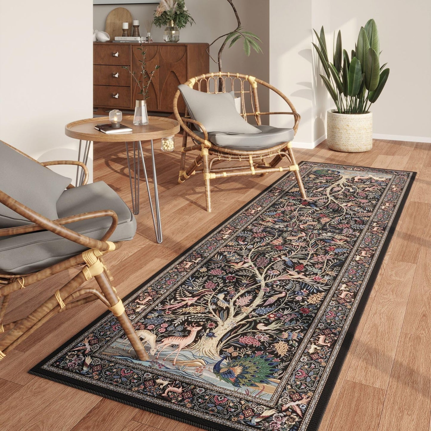 Rugcomf Runner Rug 2x6 Vibrant Tree of Life-Patterned Vintage Kitchen Rugs Non Slip Washable Soft Carpet Runner for Laundry Bedroom Bathroom, Black