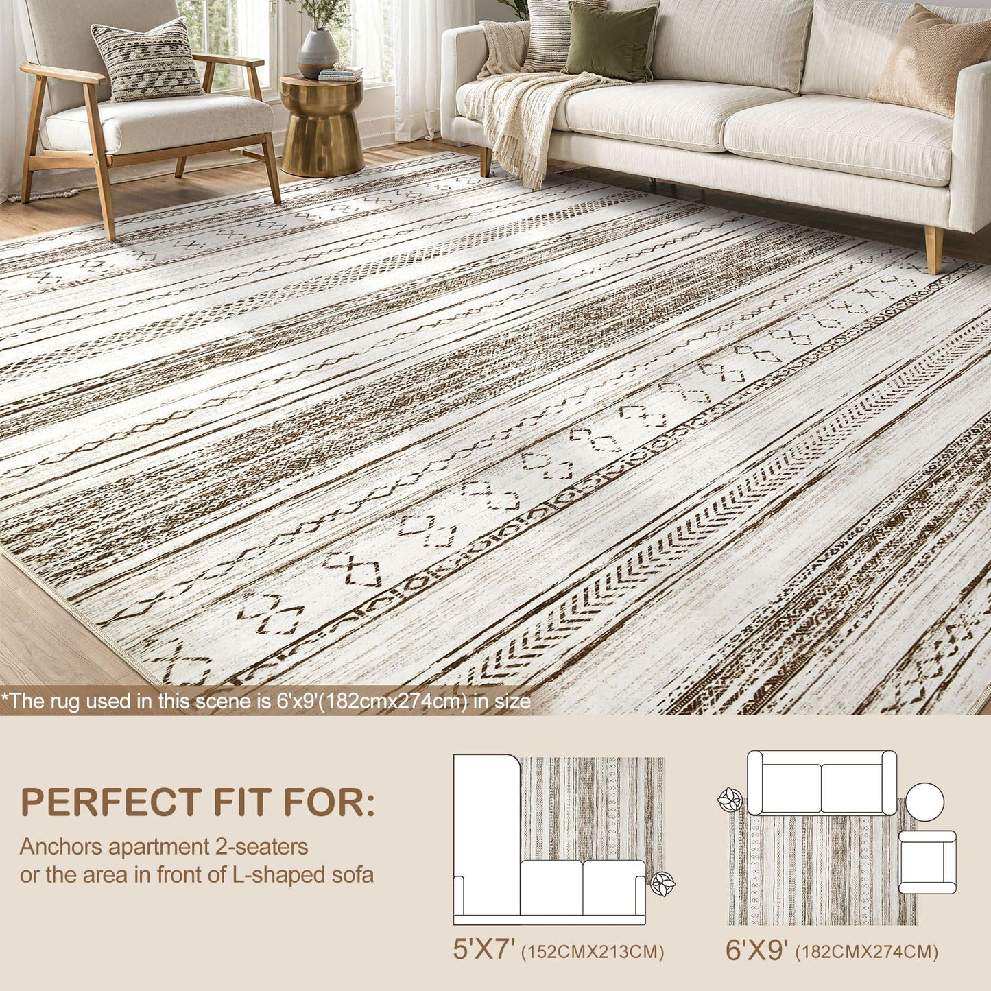 Tortania Area Rug Living Room Rugs - 6x9 Washable Large Soft Neutral Boho Moroccan Bohemian Farmhouse Rug Indoor Floor Carpet for Bedroom Under Dining Table Home Office Decor - Cream Brown