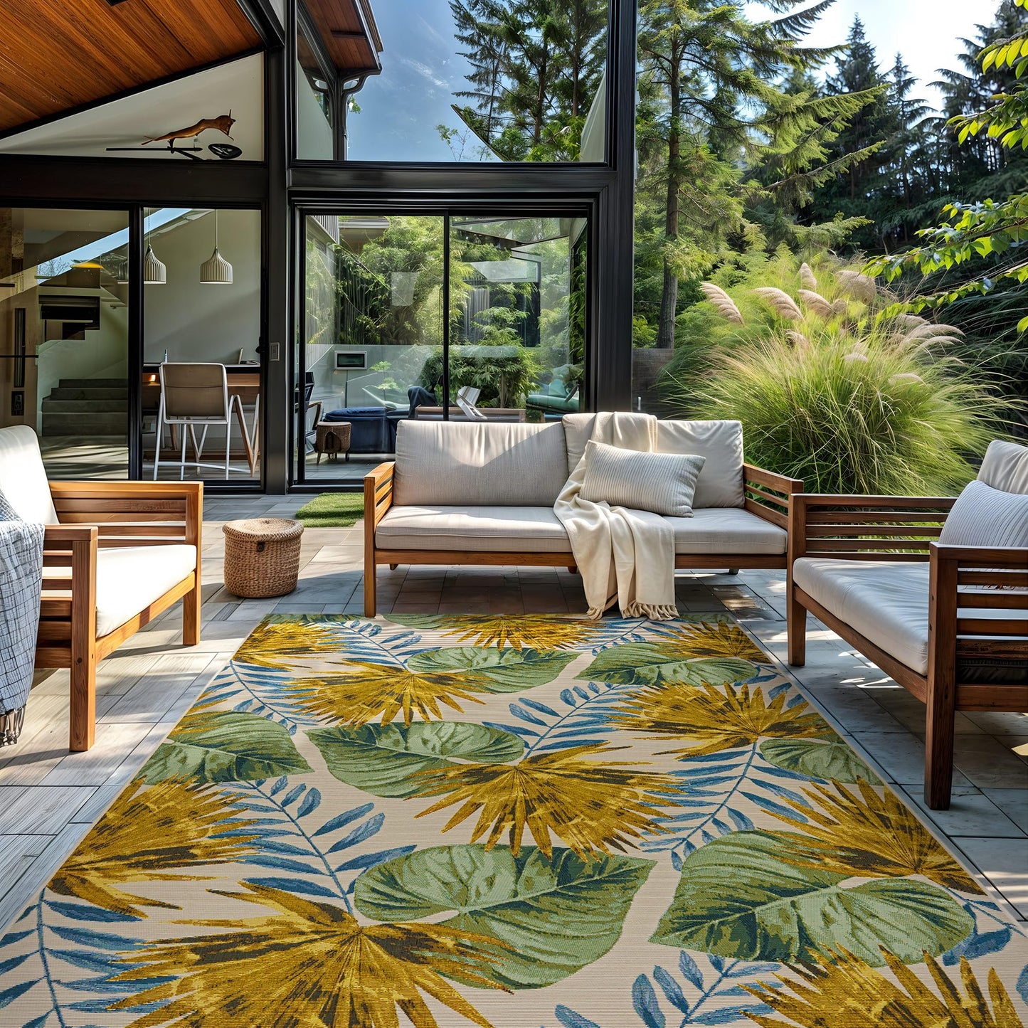 Rugshop Tropical Garden Palm Indoor/Outdoor Patio Area Rug, Easy Clean Outdoor Rug for Porch Deck Balcony, Green Gold 7'10" x 10'6" Green