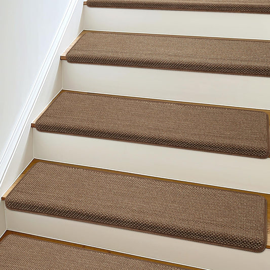 SMILOOL Bullnose Carpet Stair Treads Non Slip for Wooden Steps Indoor, 9.5" x 35" 14 Pieces, Extra Wide Bull Nose Carpet Runners for Wood Stairs, Step Covers, Stair Tread Rugs, Washable, Brown