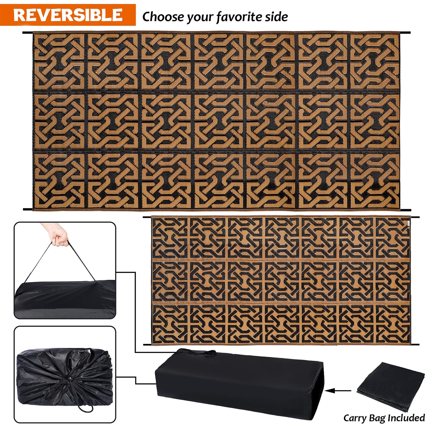 SAND MINE Reversible Mats, Plastic Straw Rug, Modern Area Rug, Large Floor Mat and Rug for Outdoors, RV, Patio, Backyard, Deck, Picnic, Beach, Camping, Trailer, Black & Brown, 9' x 18'