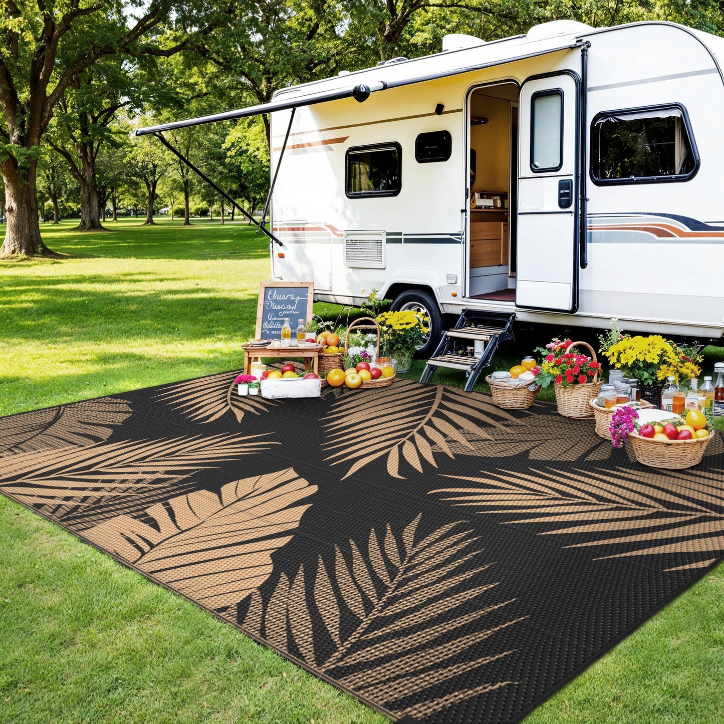 sarben Outdoor Rug 4' x 6' Waterproof for Patios Clearance, Reversible Plastic Straw Indoor Outdoor Rug for RV, Picnic, Backyard, Deck, Balcony, Porch, Beach, Black and Brown