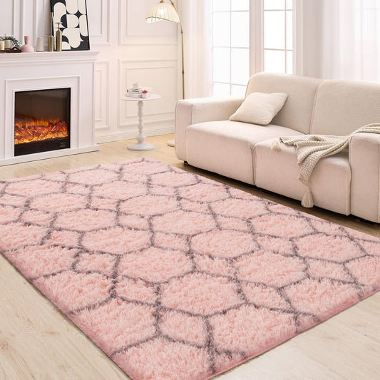 ARKIIKI Fluffy Rug for Bedroom Living Room, 4x6 Pink Soft Area Rug, Machine Washable Shag Geometric Fuzzy Kids Non Slip Carpet Home Decor Aesthetic, Plush Floor Mat for Nursery Teen Dorm, Pink/Grey