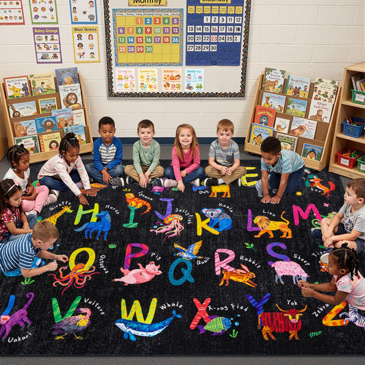 Rogara 3x5 ABC Classroom Rug for Kids Playroom, Alphabet Rug with 26 Animals, Non-Slip Washable Kids Carpet, Educational Preschool Play Mat for Daycare, Nursery, Toddler Bedroom