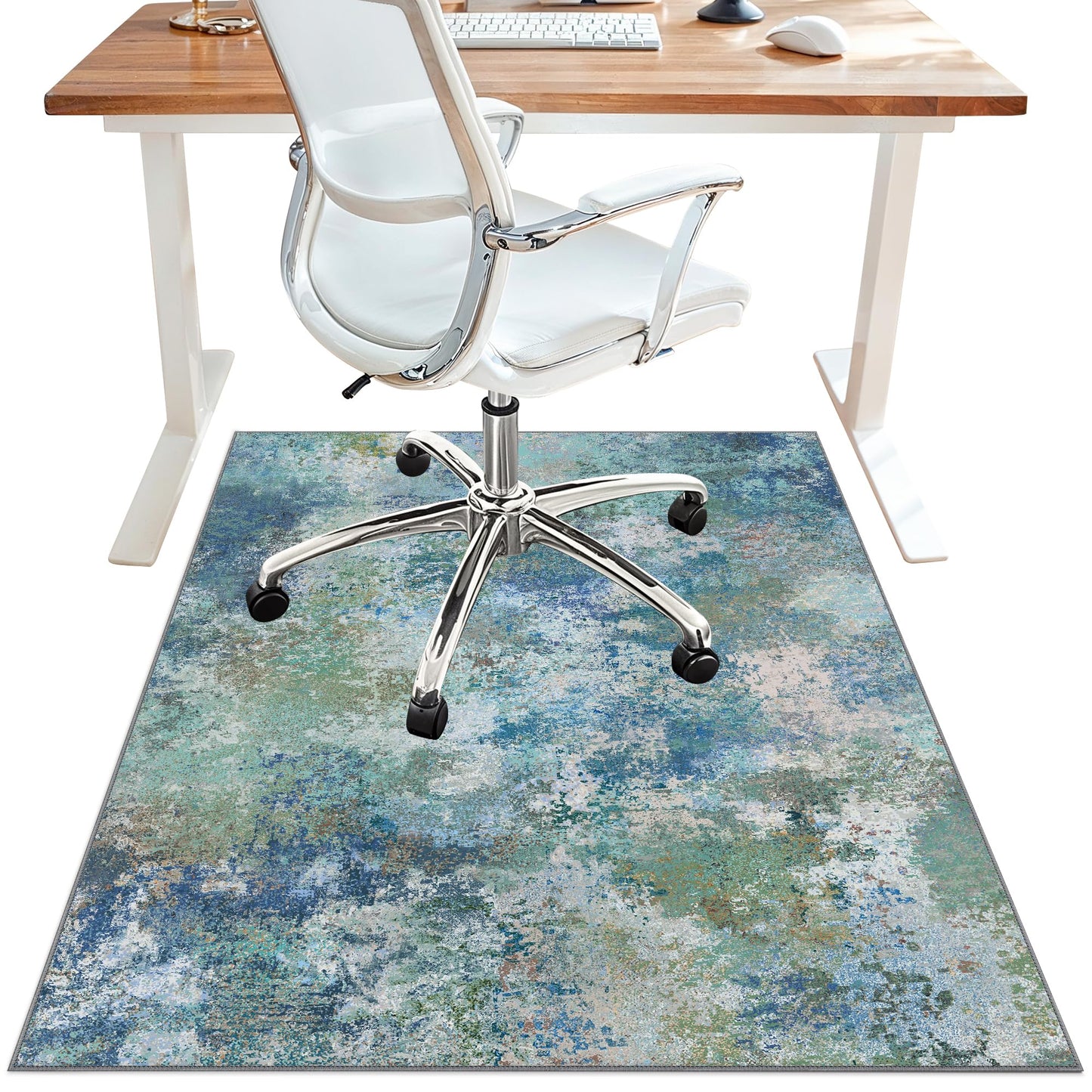 Office Chair Mat for Hardwood Tile Floor, Abstract 36"X 48" Desk Mats for Office Chair on Rolling Chairs Carpet, Desk Anti-Slip 1/5" Thick Rug for Computer Chair, Thin Low-Pile Floor Mat, Blue Green