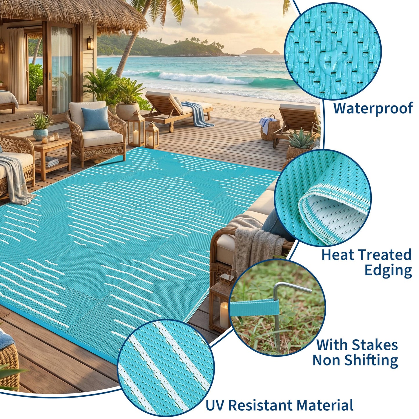 Garvee Waterproof Outdoor Rug 5x8 Rug Plastic Reversible Area Rugs Indoor Outdoor Carpet for Patio RV Porch Balcony Backyard Picnic Light Blue White