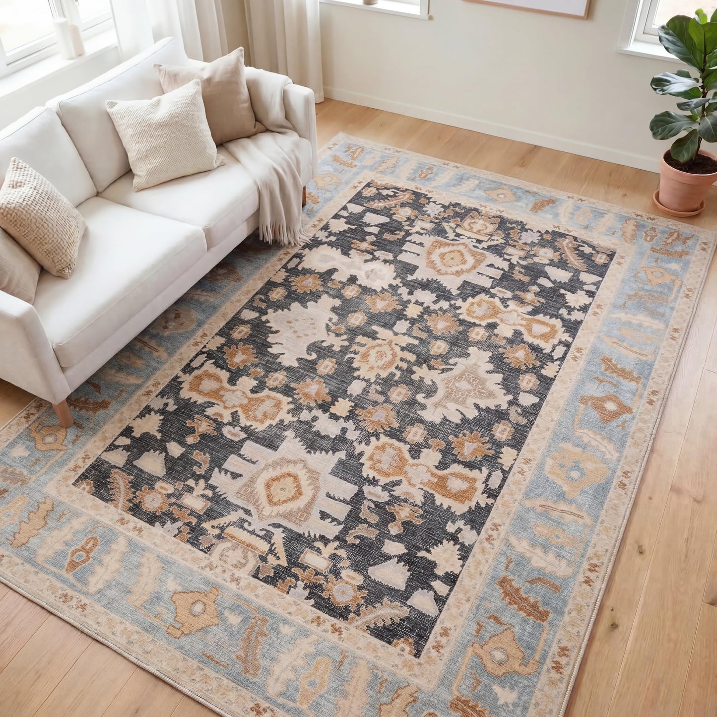 Kuden 6x9 Area Rug, Machine Washable Area Rug with Non-Slip Backing, Vintage Style, Soft, Easy Clean, Low Pile Rug for Living Room, Bedroom, Dining Room
