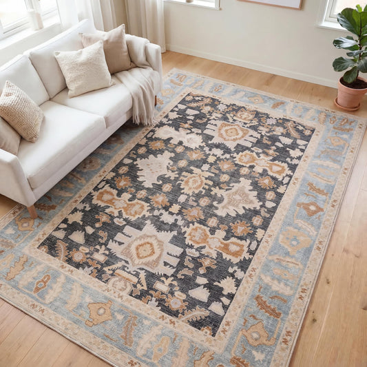 Kuden 6x9 Area Rug, Machine Washable Area Rug with Non-Slip Backing, Vintage Style, Soft, Easy Clean, Low Pile Rug for Living Room, Bedroom, Dining Room
