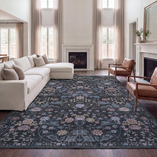 JONATHAN Y Ultra-Soft Machine-Washable Rug with Non-Skid Backing, Dark Gray/Multi 8'x10' Primrose Art Nouveau Floral Border, Non-Shedding, Velvet Luxury Feel for Living Room, Dining Room, Bedroom