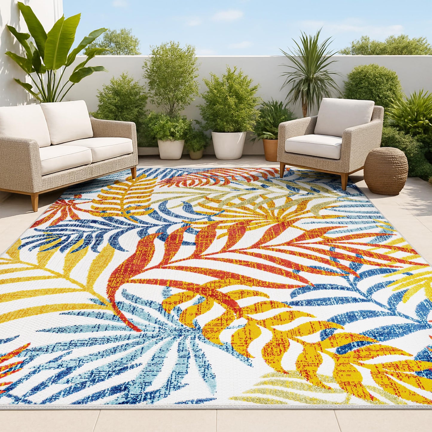 JONATHAN Y Tropics Palm Leaves Indoor Outdoor Area Rug 8X10 Cream/Orange, Boho for Backyard, Patio, Porch, Easy-Cleaning, High Traffic, Pet-Friendly, Non-Shedding (AMC100B-8)