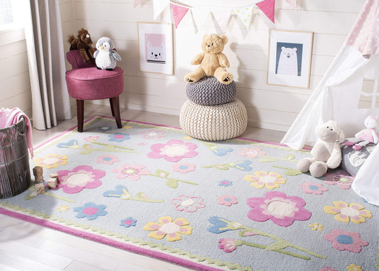 SAFAVIEH Kids Collection Area Rug - 6' x 9', Blue & Multi, Handmade Floral Wool, Ideal for High Traffic Areas in Living Room, Bedroom (SFK311A)