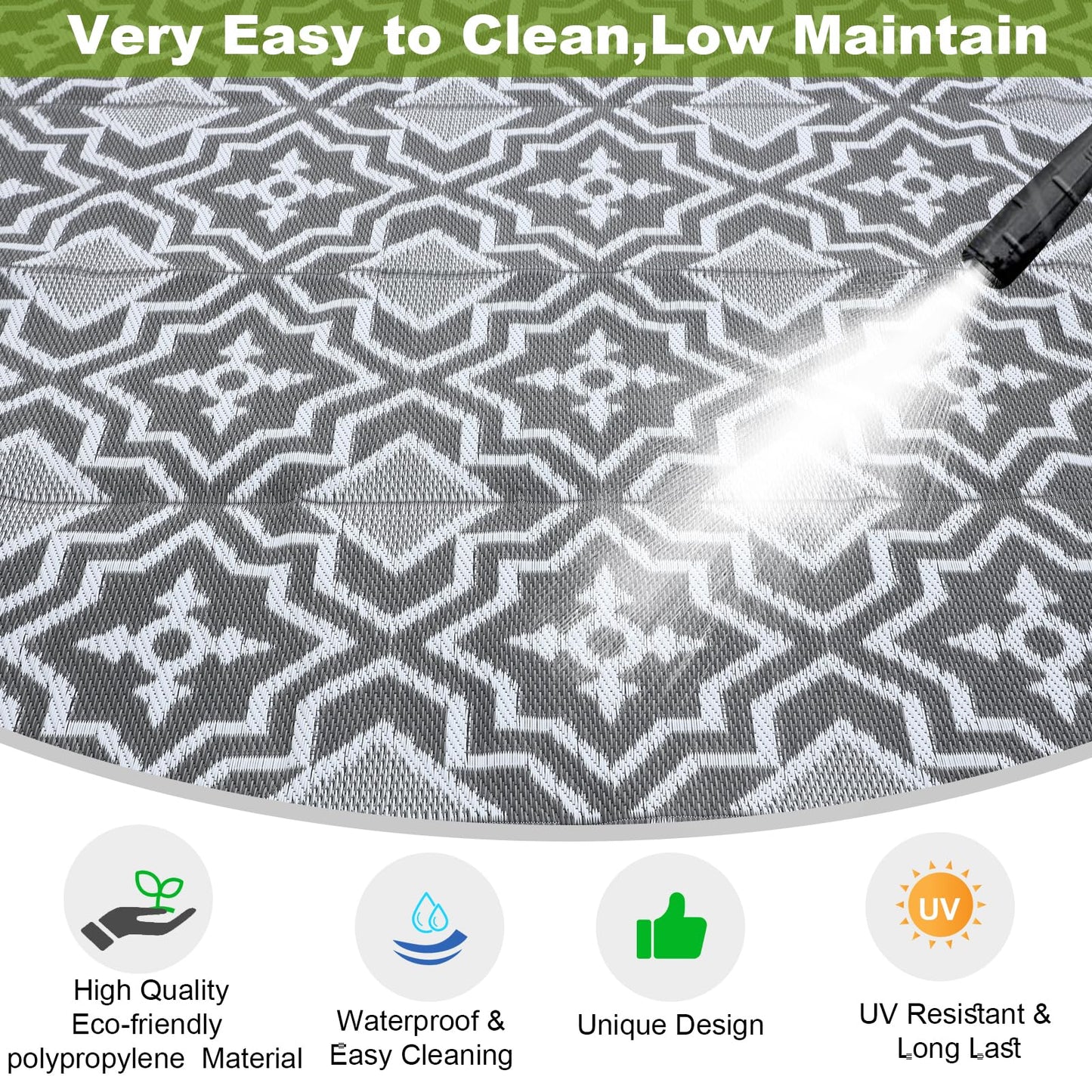 Alfolo Outdoor Rug 9x12 for Patios Clearance,Outdoor Plastic Straw Rug,Waterproof Camping Rugs for Outside Your Rv, Deck, Porch,Beach,Picnic,Pool Grey Recyclable,Easy Cleaning Outside Mats with a Bag